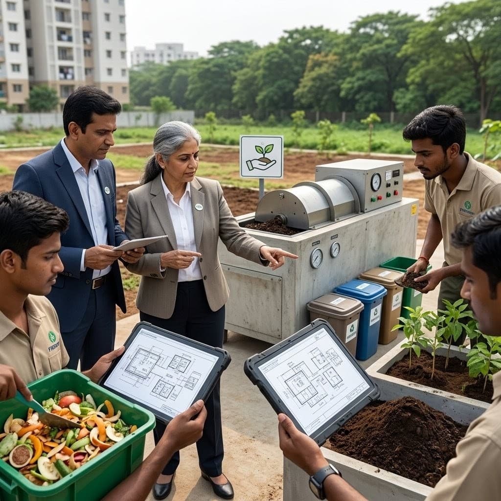 Airav Group consultants overseeing organic waste segregation and composting operations
