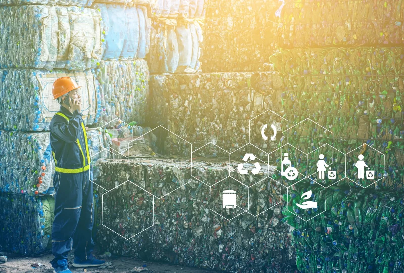 Engineers managing circular resource recovery and material recycling facility